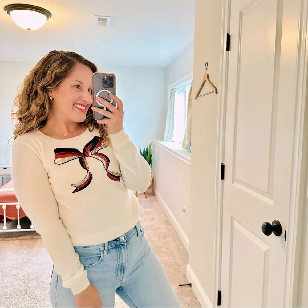 Tuckernuck Never a Wallflower Cream Sequin Bow Cashmere Sweater Small